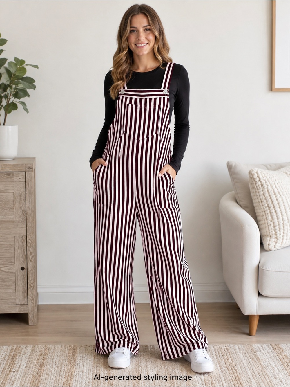 Halara Burgundy Stripe Waffle Overalls Wide Leg Pockets Size S